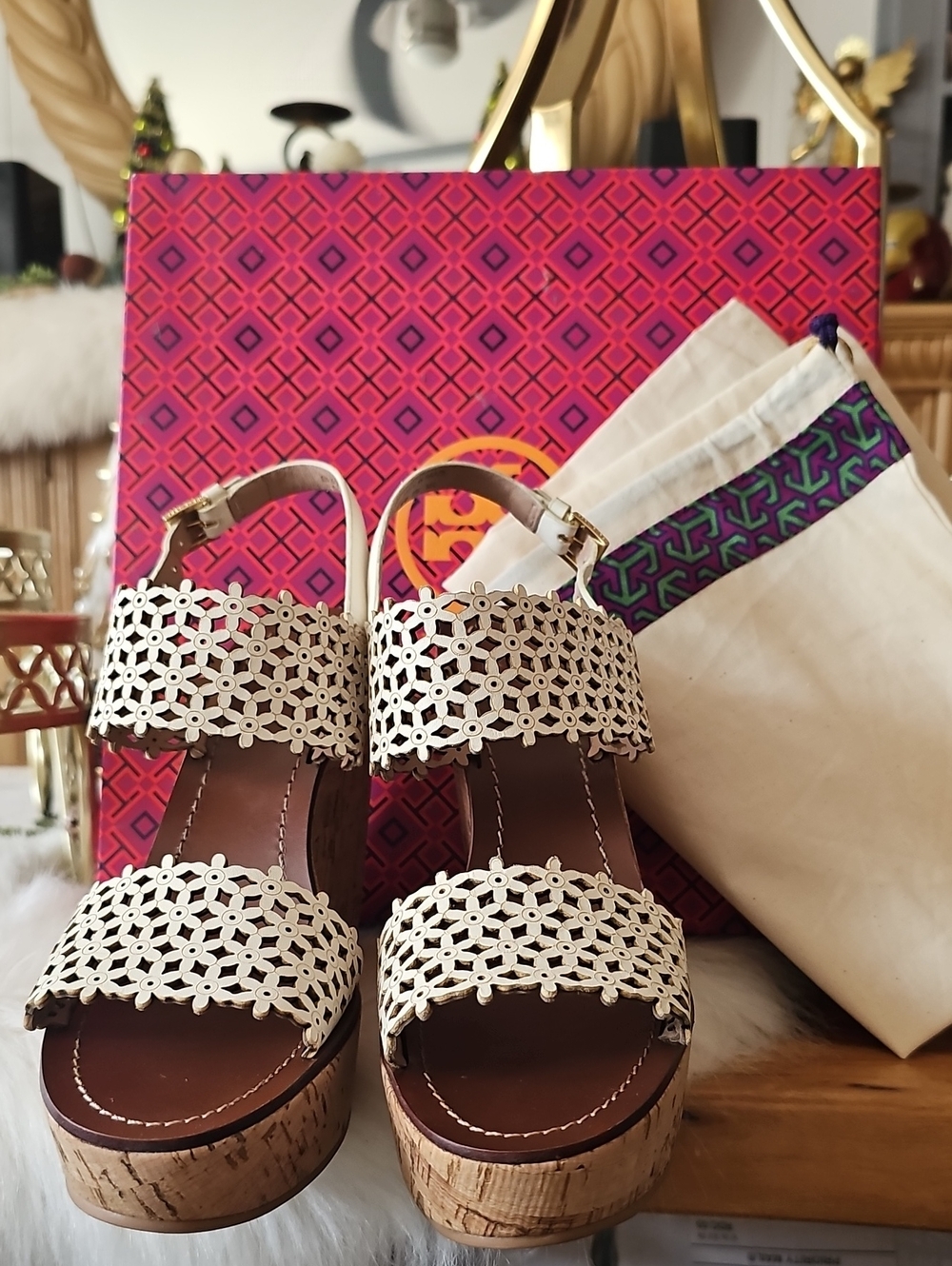 Tory Burch Natural Blush Wedge Sandals with White Floral Cutout Straps Size 8M